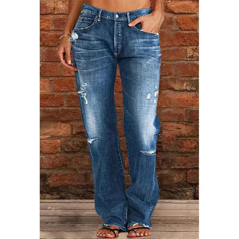 Women Washed Jeans Pencil Pants Denim Hole High Waist Vintage Pockets Button Solid Basics Full Length Trousers 2025 Casual