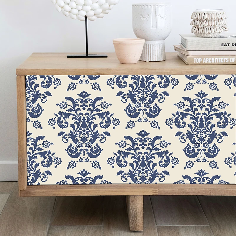 

Retro Symmetrical Floral Blue Wallpaper Boho Flower Peel And Stick PVC Cabinet Sticker Classic Waterproof Furniture Renovation