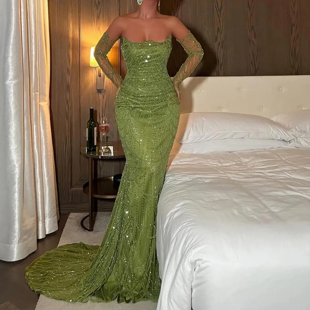 

Luxury Women Mermaid Evening Dresses With Gloves Sweetheart Pearls Beading Long Wedding Party Dress Prom Formal Gown VestidoS