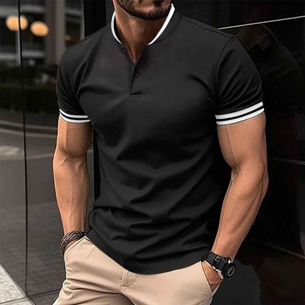 Cross-border 2024 Summer Casual slim-fit POLO shirt with lapel button pocket for men Sports polo shirt