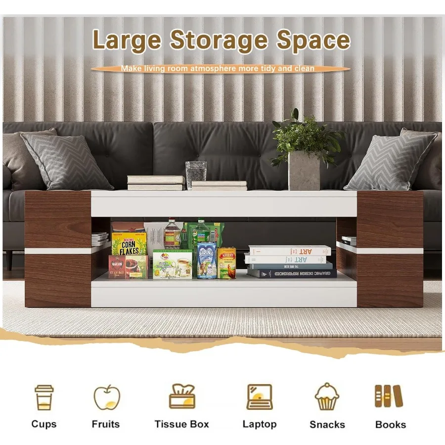 47.2 Modern Stylish Coffee Table with Glass Table Top Large Living Room Table Rectangular 2Tier Center Tables with Storage Wood