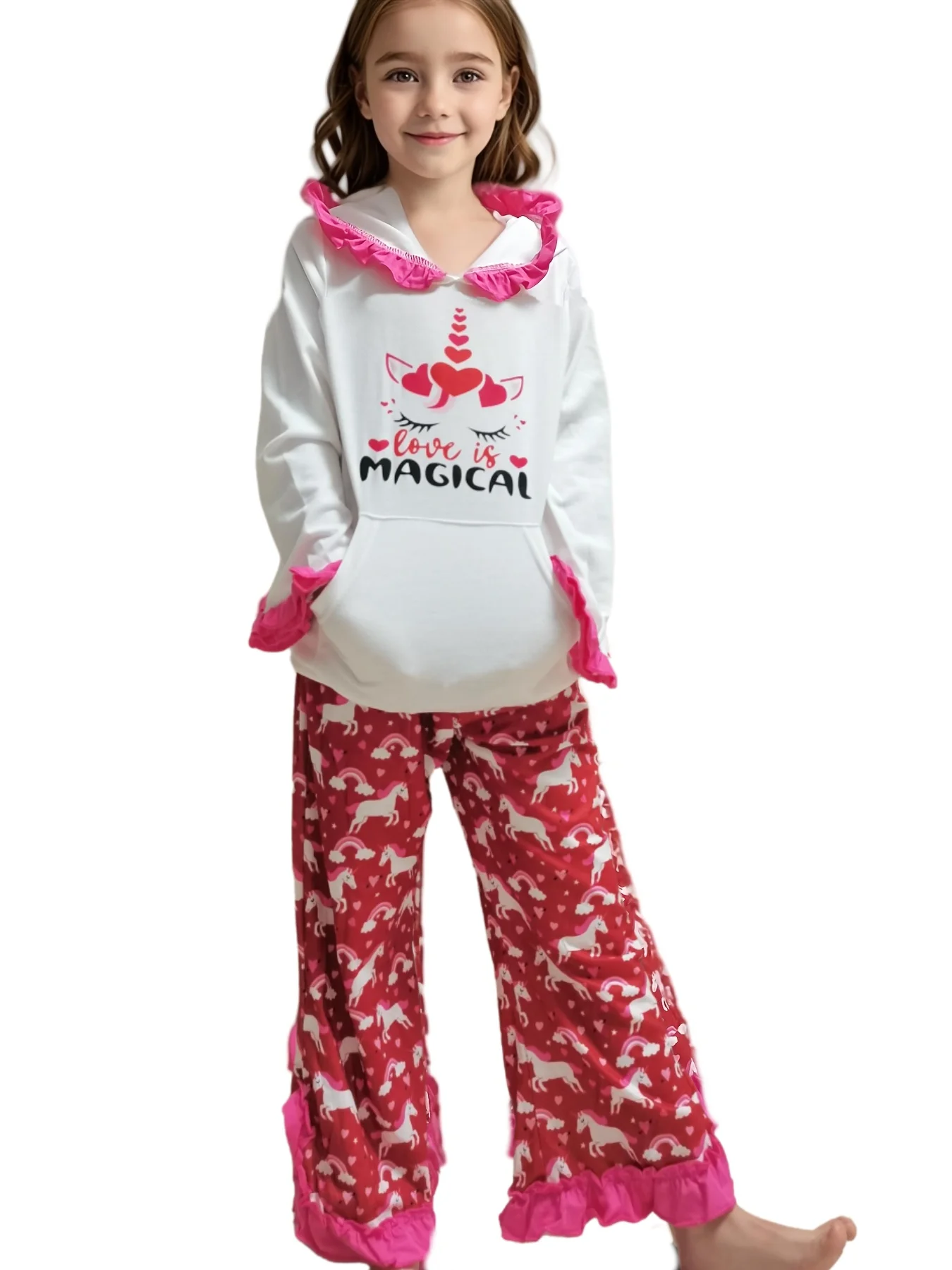 3-14Y Girl Teenager 2pcs Hoodies And Pants Sets Hearts Unicorn Lovebug Printing Cute Pockets Hoodies Clothing sets Sister Matchi