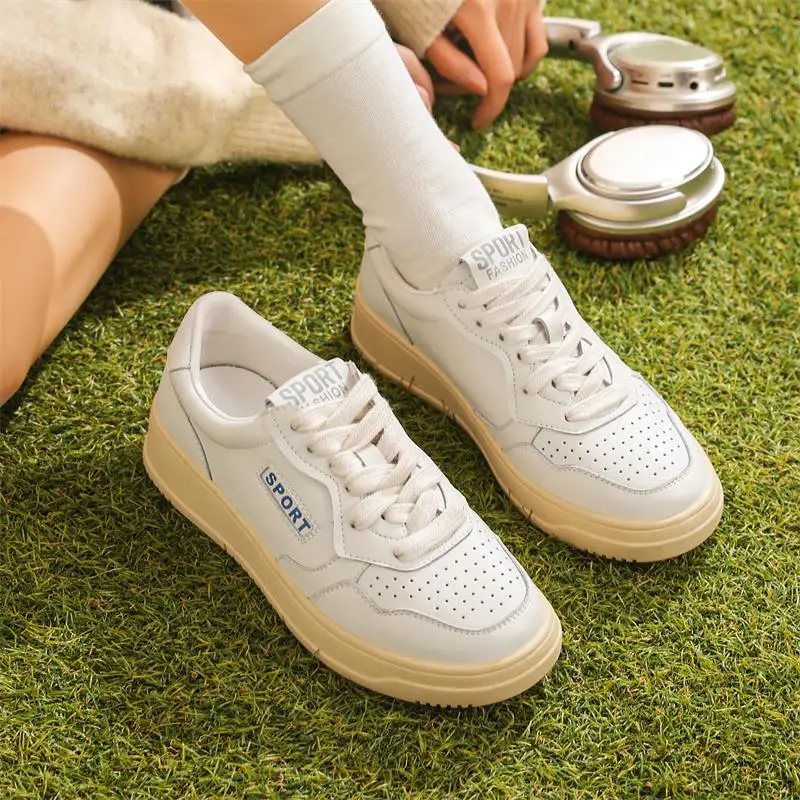 Female Board Shoes Genuine Leather 2024 Spring New Lace Up Ladies Casual Shoes Fashion Anti Slip Sneakers Women