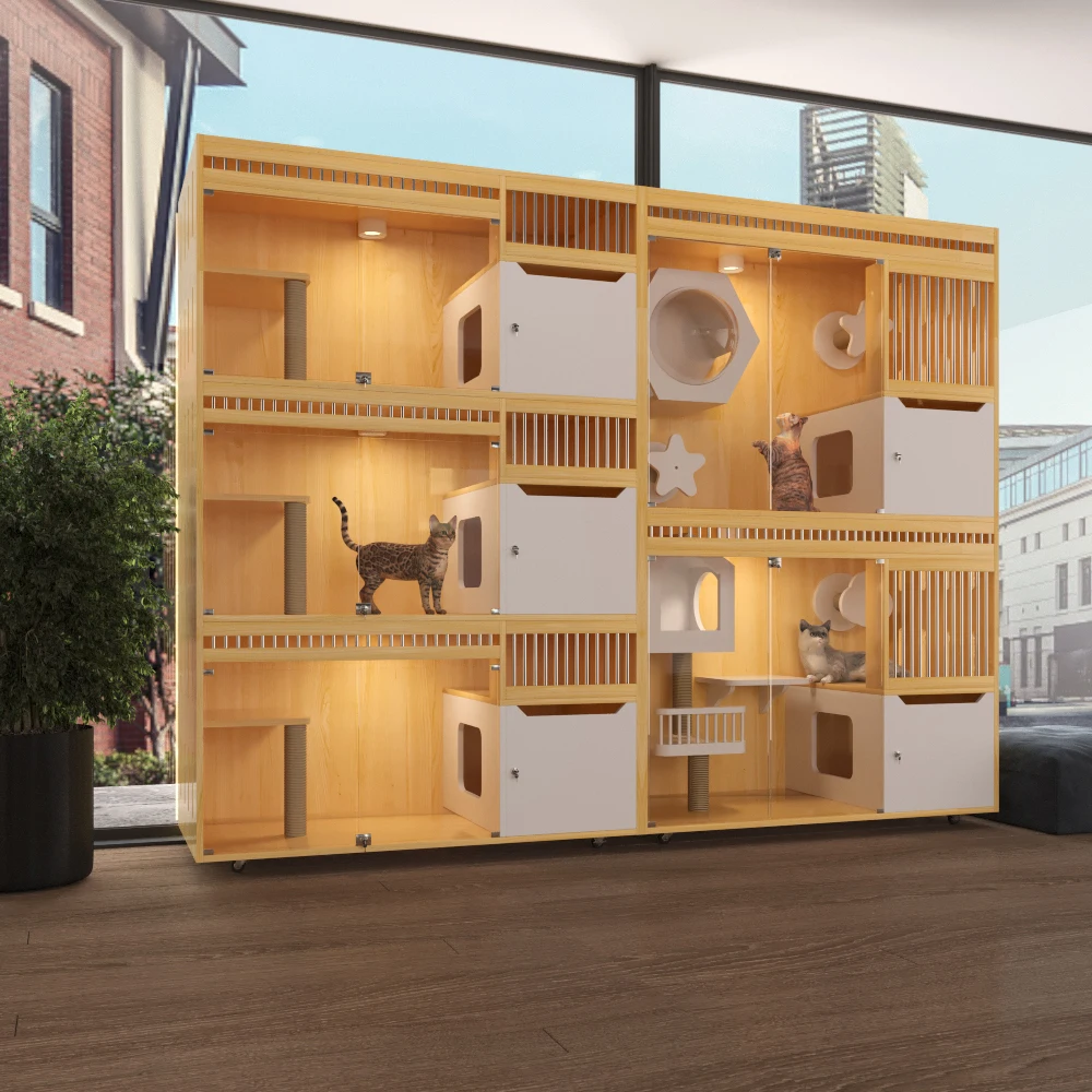

Hot Sale Factory Customize Commercial Large Luxury Solid Wooden Pet Cat Villa House Furniture Pet Shop Use Cat Hotel Cage