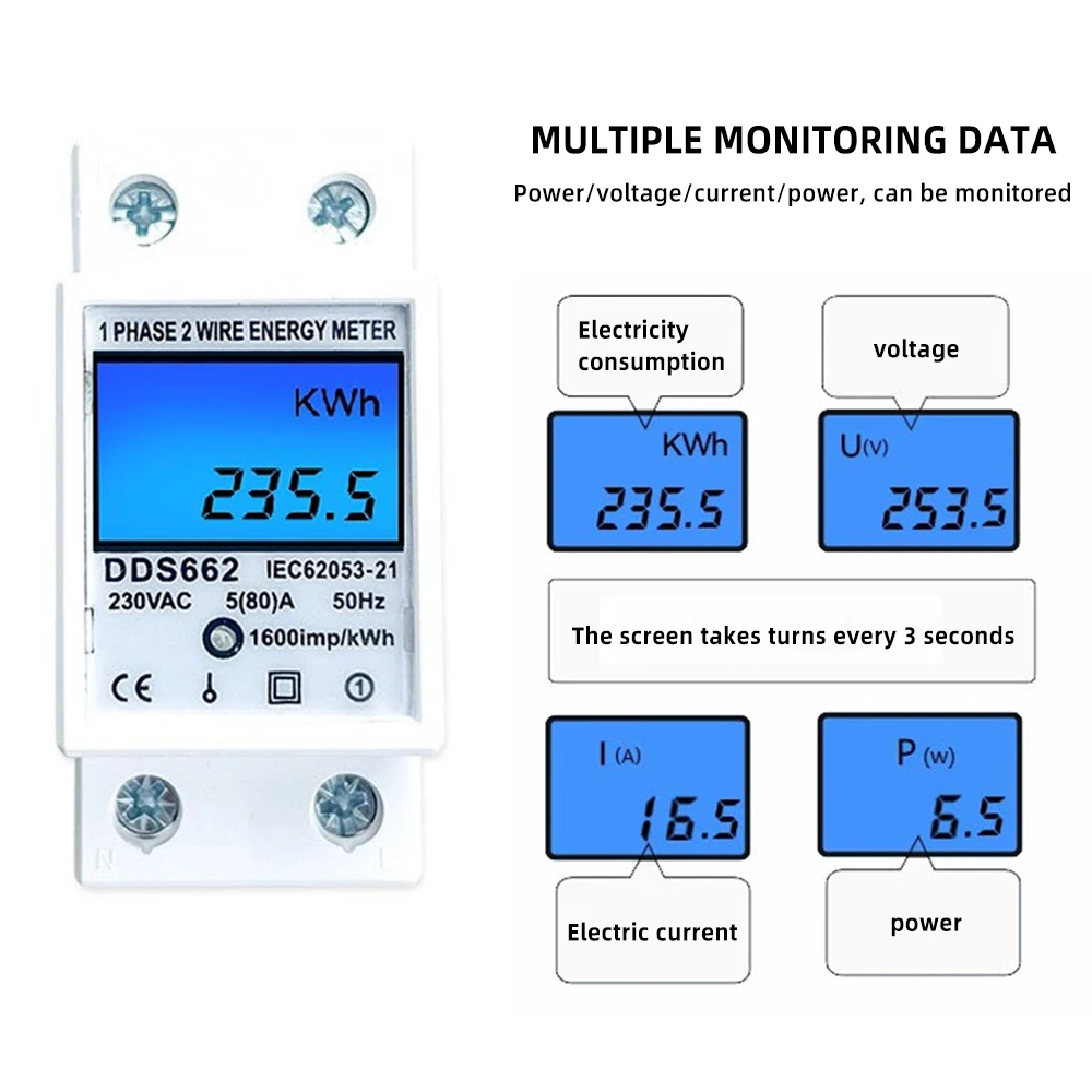 

Single Phase LCD Digital Energy Meter Reset Zero kWh Voltage Current Power Consumption Counter Electric Wattmeter 220V Din Rail