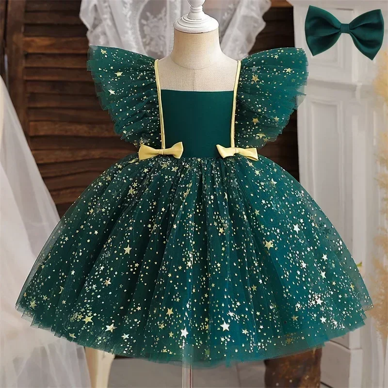 Baby Girls Green Party Christmas Dress Newborn 1 Year Birthday Baptism Princess Dress Ruffles Sleeve Wedding Pageant Gala Gown