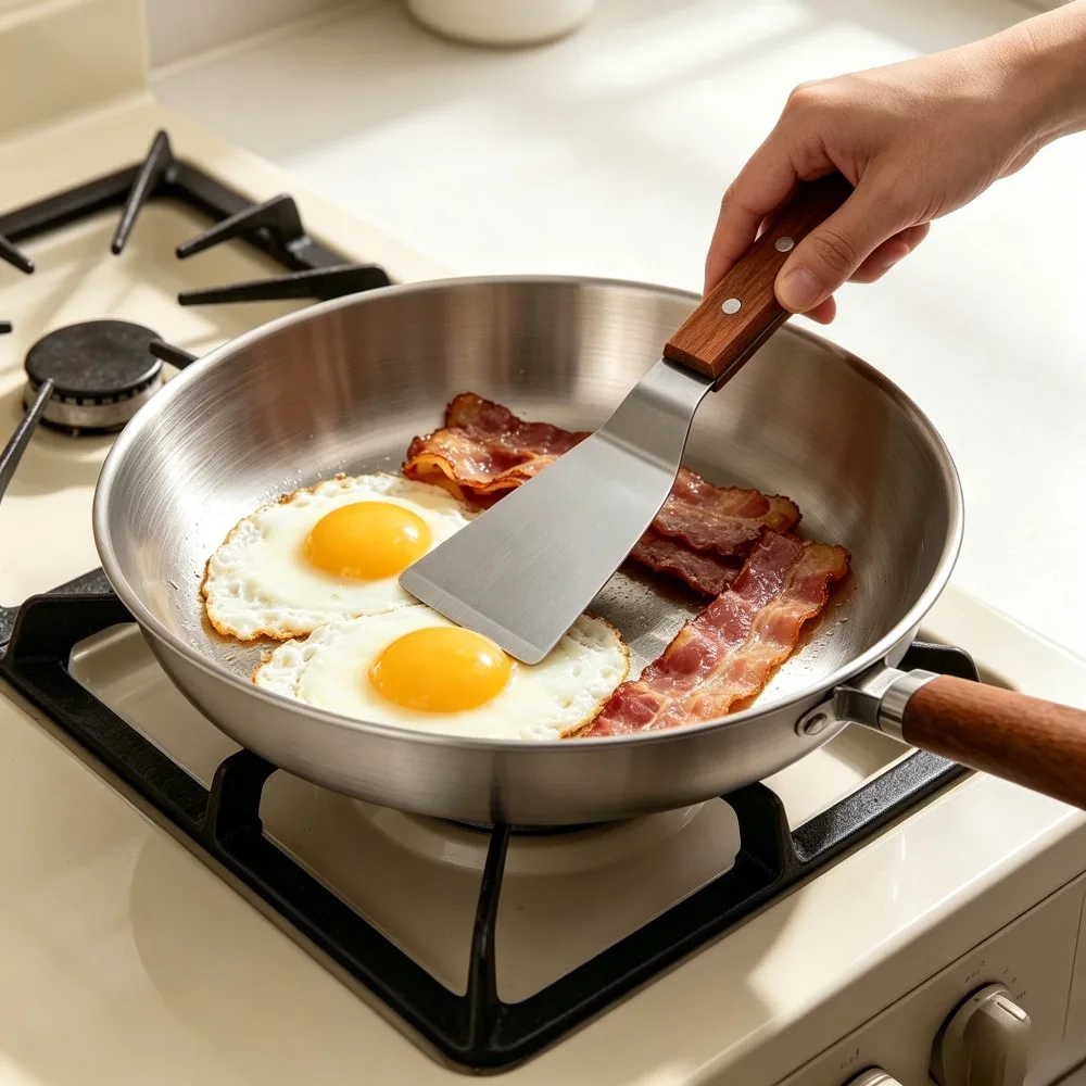 Stainless Steel Nonstick Frying Pan Spatula Set Wooden Handle Skillet Egg Omelette Pancake Breakfast Camping BBQ Kitchen Tools
