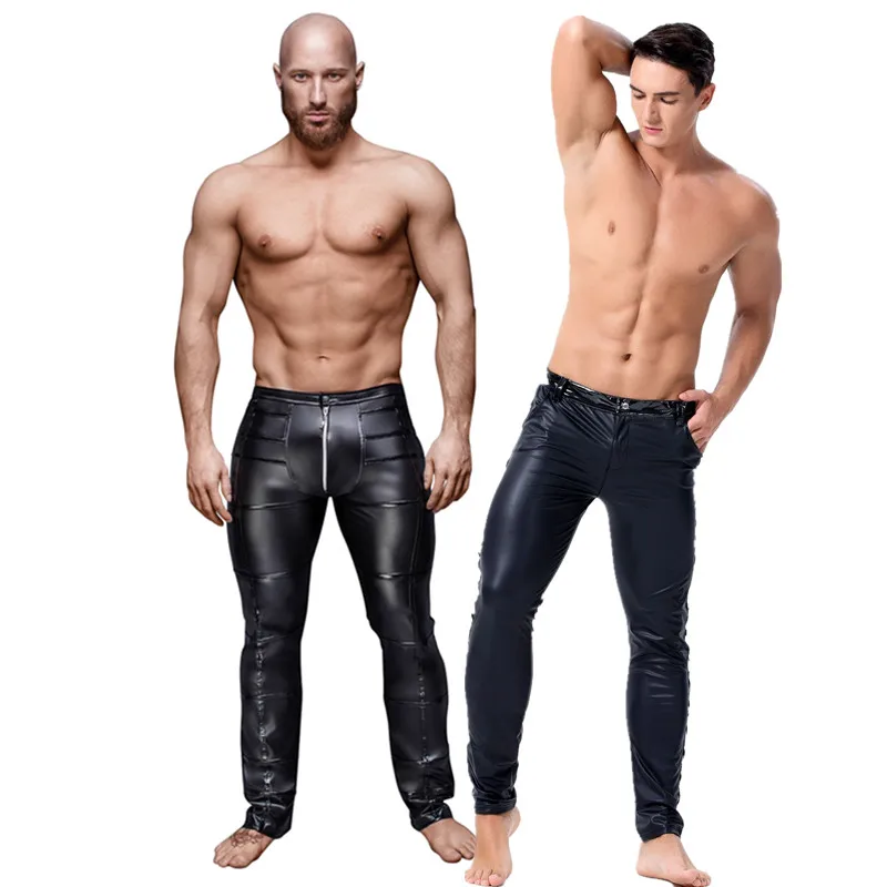 

Sexy Mens Shiny PU Leather Nightclub Rock Pants Open Front Zipper Fetish Erotic Lingerie Moto Trousers Clubwear