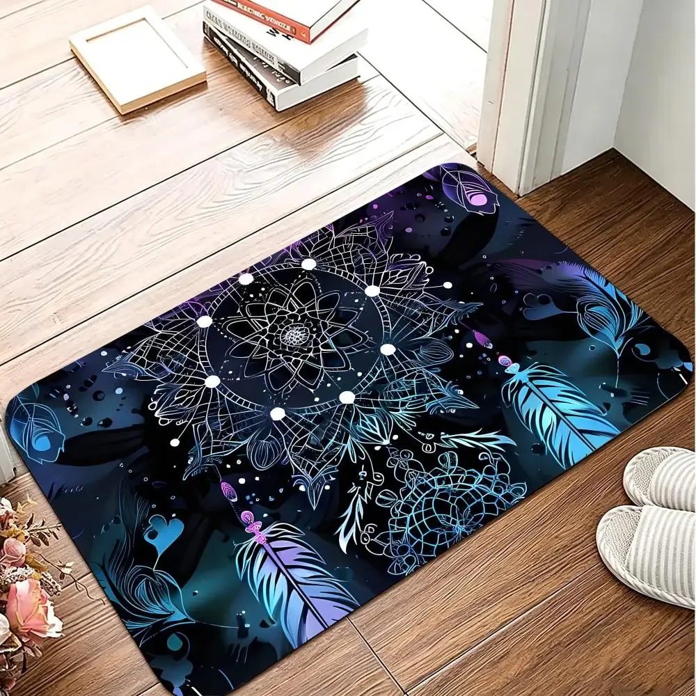 Psychedelic Dreamcatcher Moon Feather Floor Mat Flannel Rug Soft Non Slip Washable Door Mat For Bathroom Kitchen Home Decor