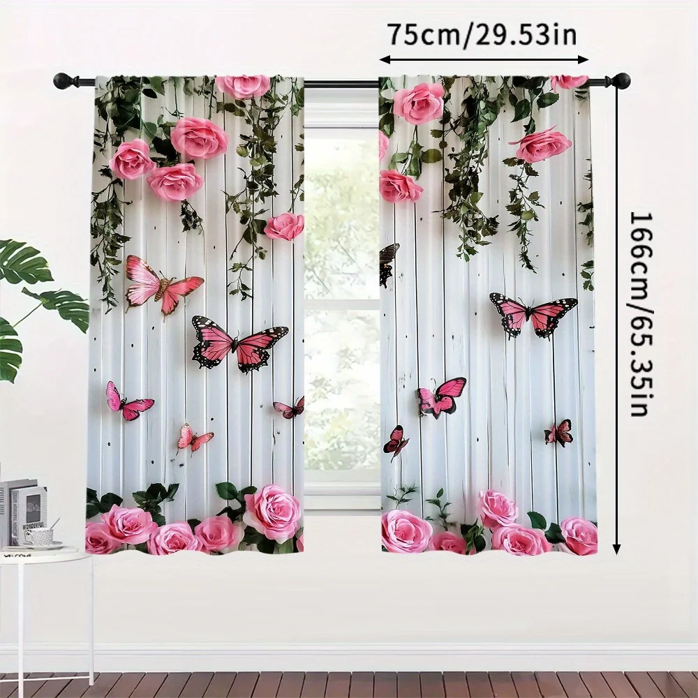 2pcs Set Butterfly & Pink Rose Blackout Curtains - Heat Insulating, Privacy Enhancing Translucent Drapes for Bedroom, Living Roo