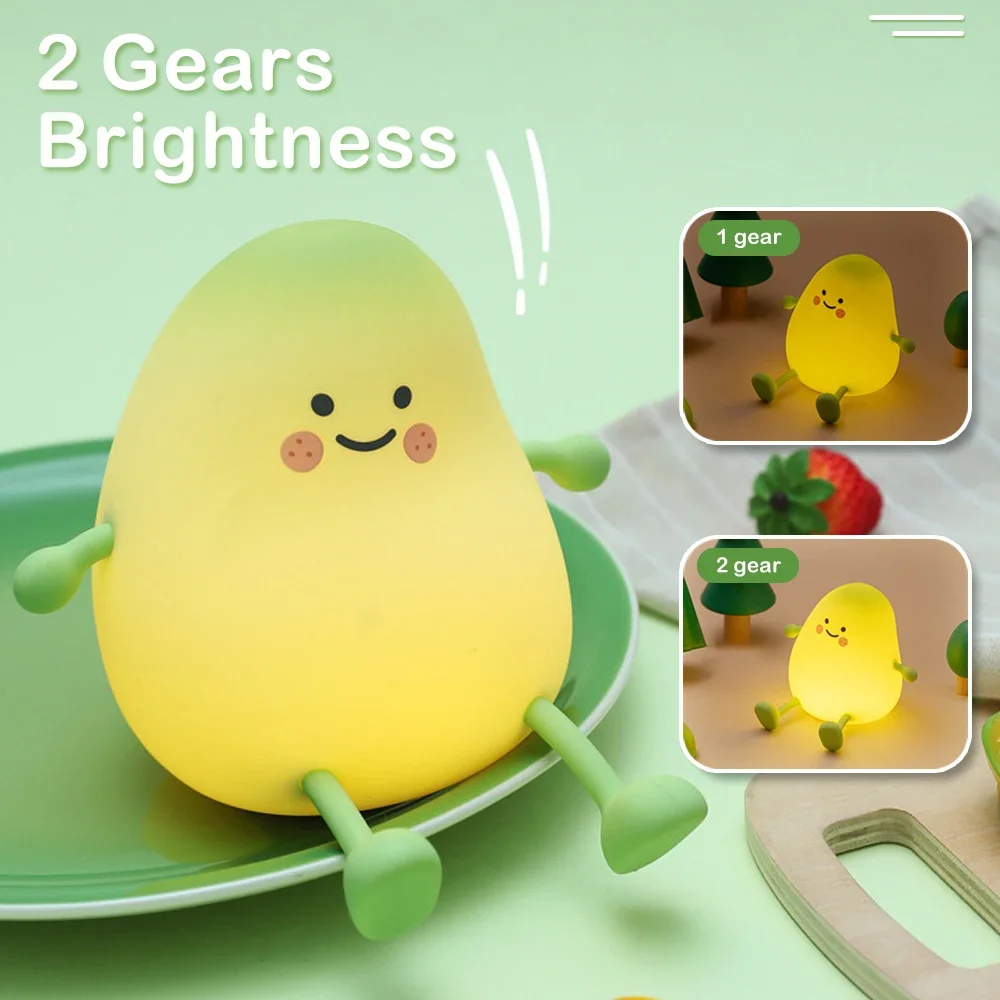 Night Lights for Kids Pear Shaped Cute Silicone Nightlight 7 Colors Dimmable Night Lamp USB Charging for Bedroom Bedside Room