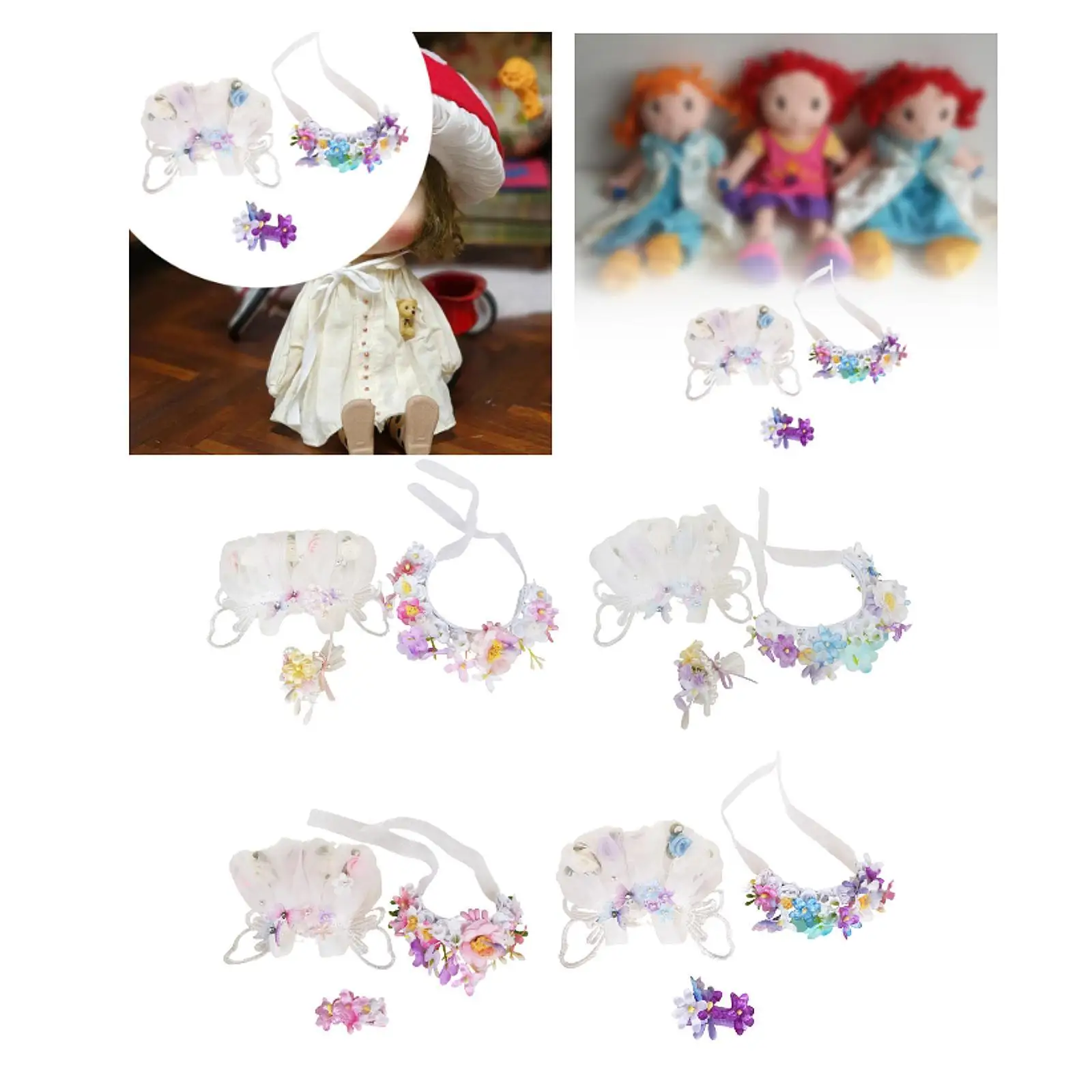 3 Pieces Fashion Dolls Dress with Flower Headband Bouquet, Handmade Costume for 15-17cm Dolls Thanksgiving Gifts