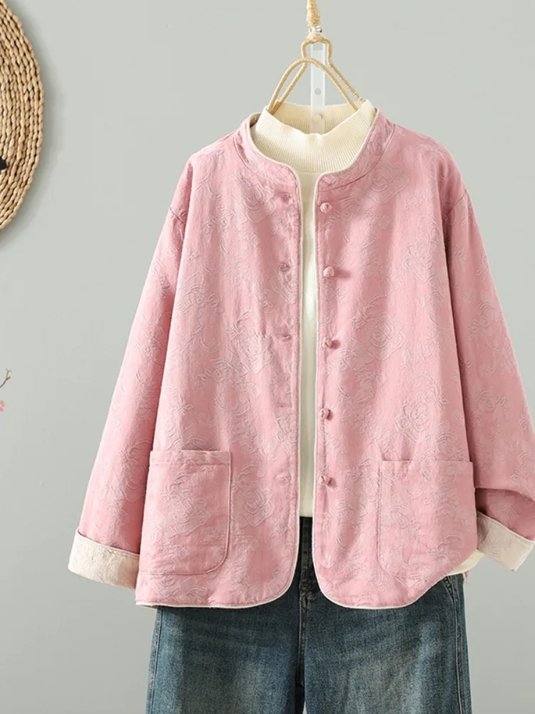 

Double-Sided Wear Embroidered Button Short Jacket Women's Spring High-End Zen Cotton-filled Stand Collar Open Cardigan Top