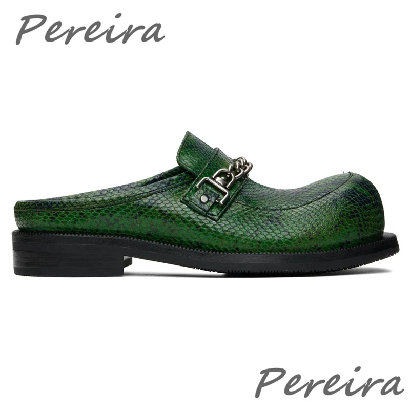 Round Toe Chunky Platform Men Shoes Metal Chain Green Half Slippers Retro Casual Flat Shoes Summer Slip-On Comfortable Loafers