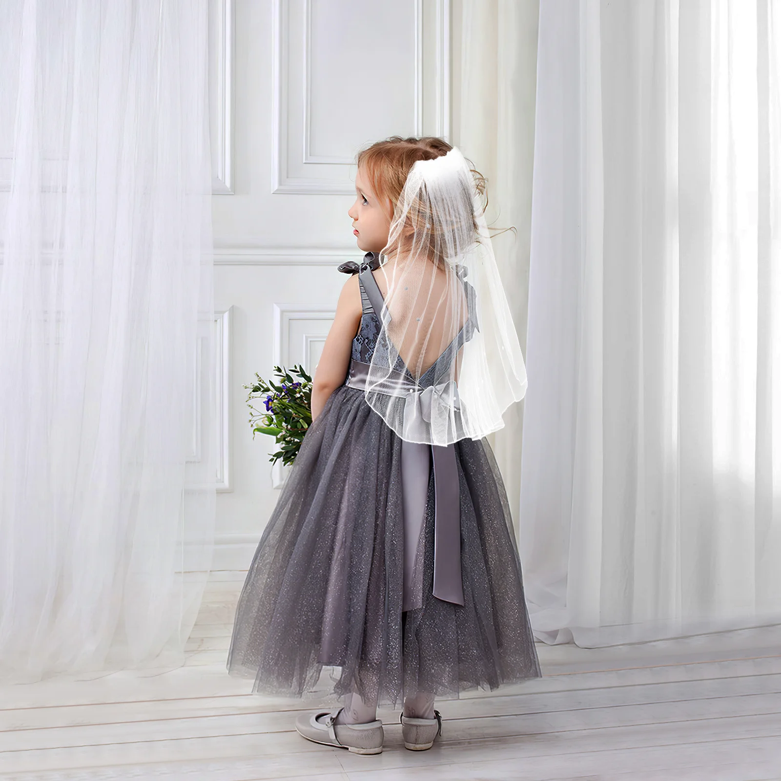 Fermagli per capelli da sposa bianchi Copricapo con bordo di perle Abito da ragazza corto Velo da sposa corto Accessori da sposa Velo per la sposa