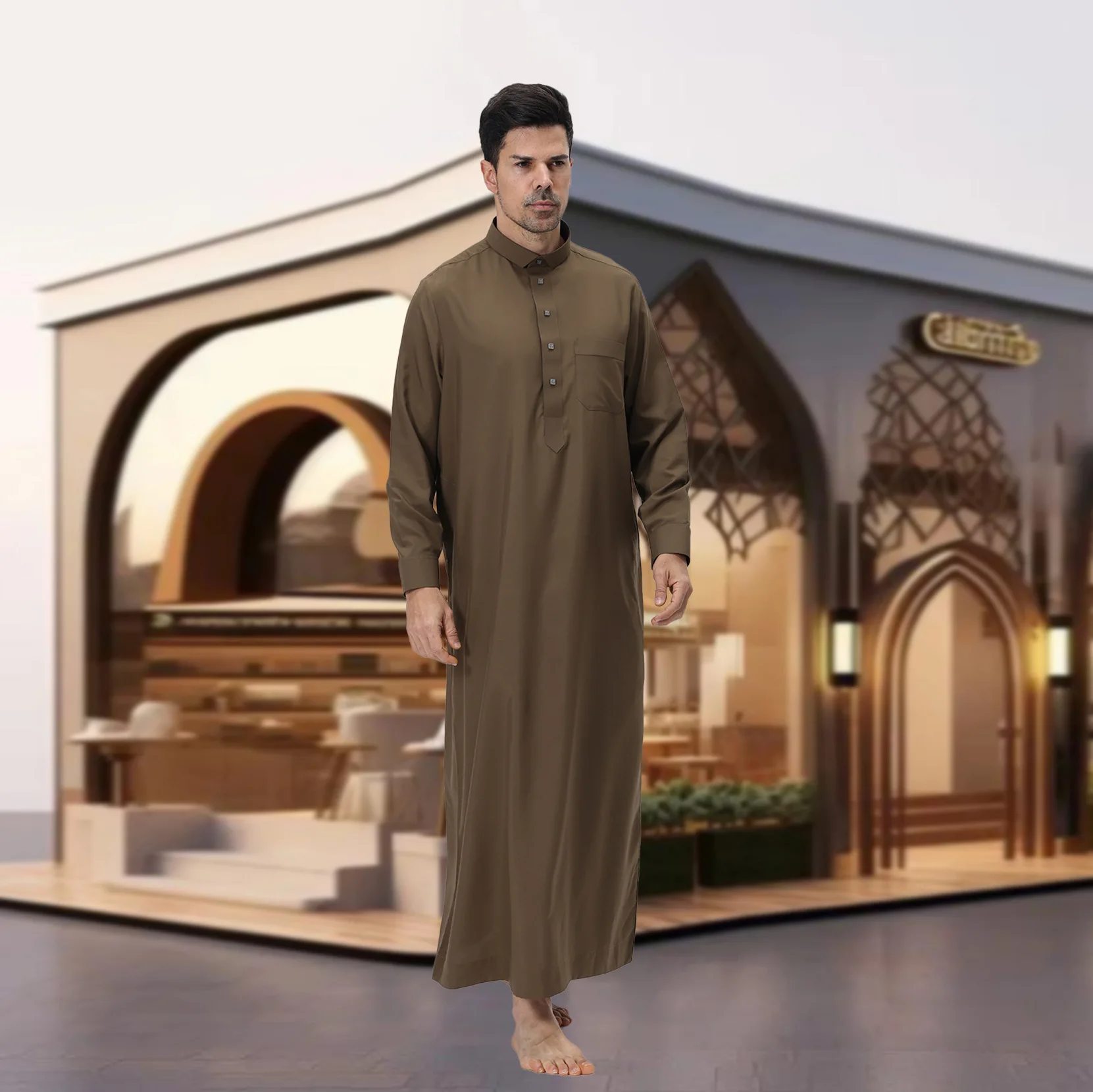 

Man's Button Down Robe Jubba Thobe Muslim Dress Saudi Arabic Thoub Caftan Long Sleeves Pocket Djellaba Islam Clothing Dishdasha