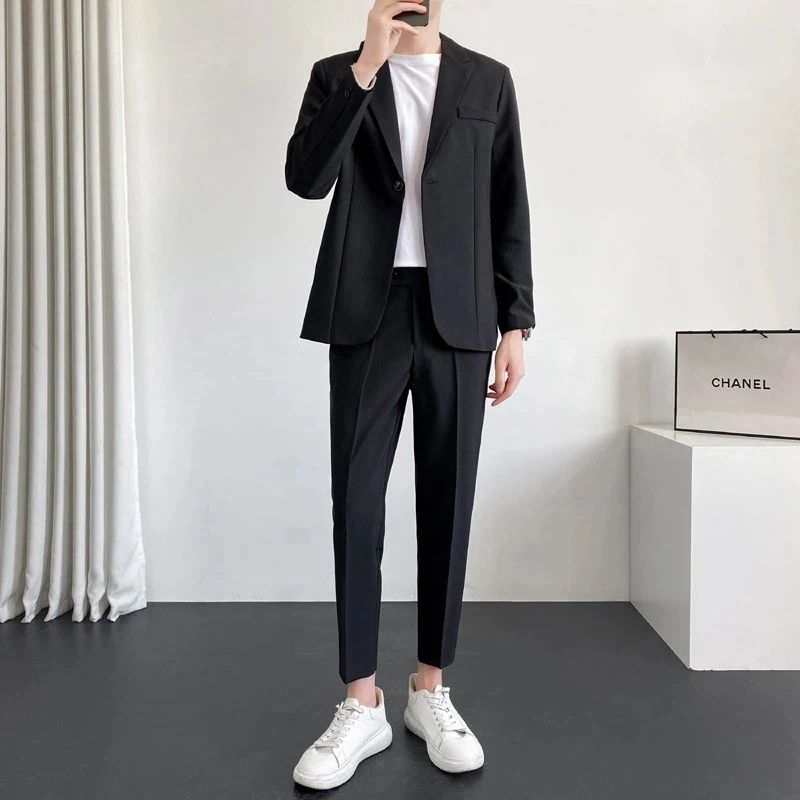 Men Slim Fit Suit Two Piece Set Blazer Dress Pants Business Formal Suit Wedding Interview Groom Outfit S 4XL