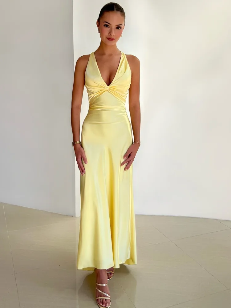 JULISSA MO Satin Sexy Backless Ruched Women Maxi Dress Yellow Sleeveless High Waist Dress Summer Skinny Elegant Party Clubwear