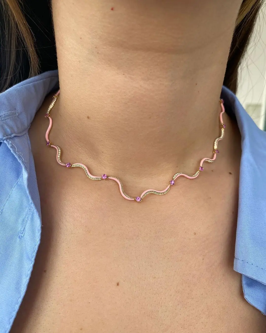 New Colorful Enamel Water Wave Tennis Necklaces for Women Paved Bling Cubic Zirconia Gold Color Chocker Party Fashion Jewelry