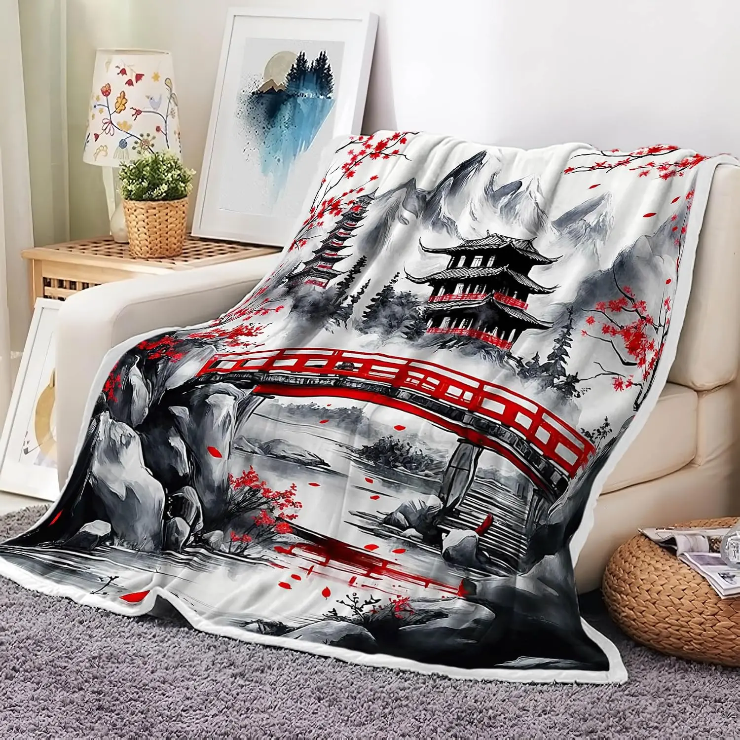 Oriental Ink Mountain Red Bridge Pagoda Warm Fleece Blanket, Soft Thick Fabric for Travel Living Room Bed Cold Day Daily Warmth