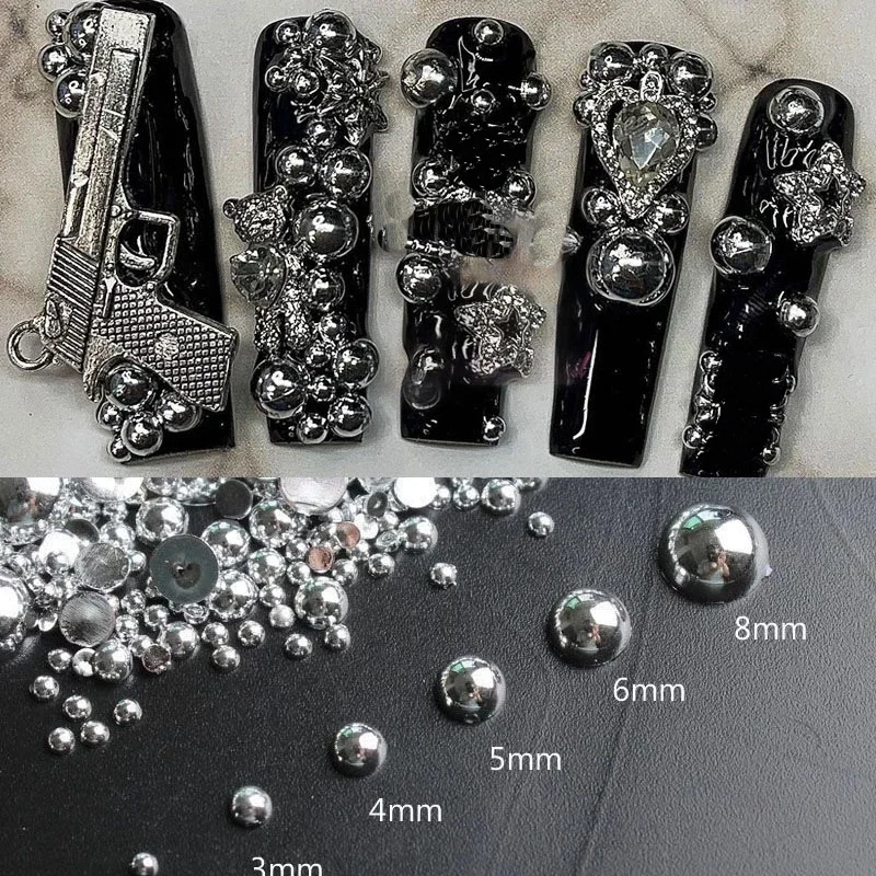 100 pçs 3d punk prata pérola prego arte design 3d luxo gótico cruz contas encantos manicure dicas strass decoração 2-8mm misturado