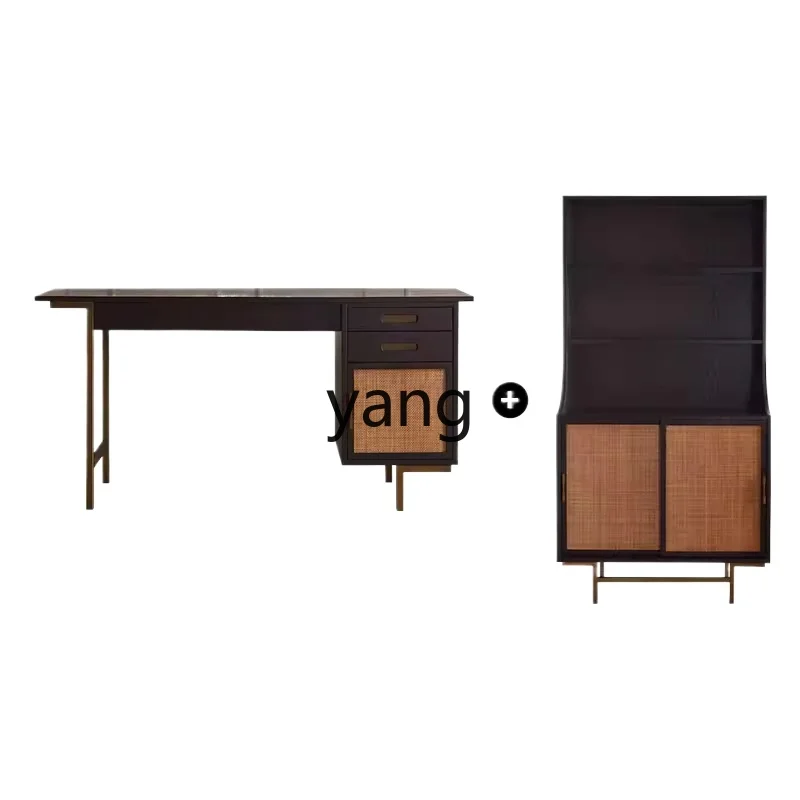 

Lmm modern simple medieval old wabi-sabi wind solid wood rattan desk writing desk