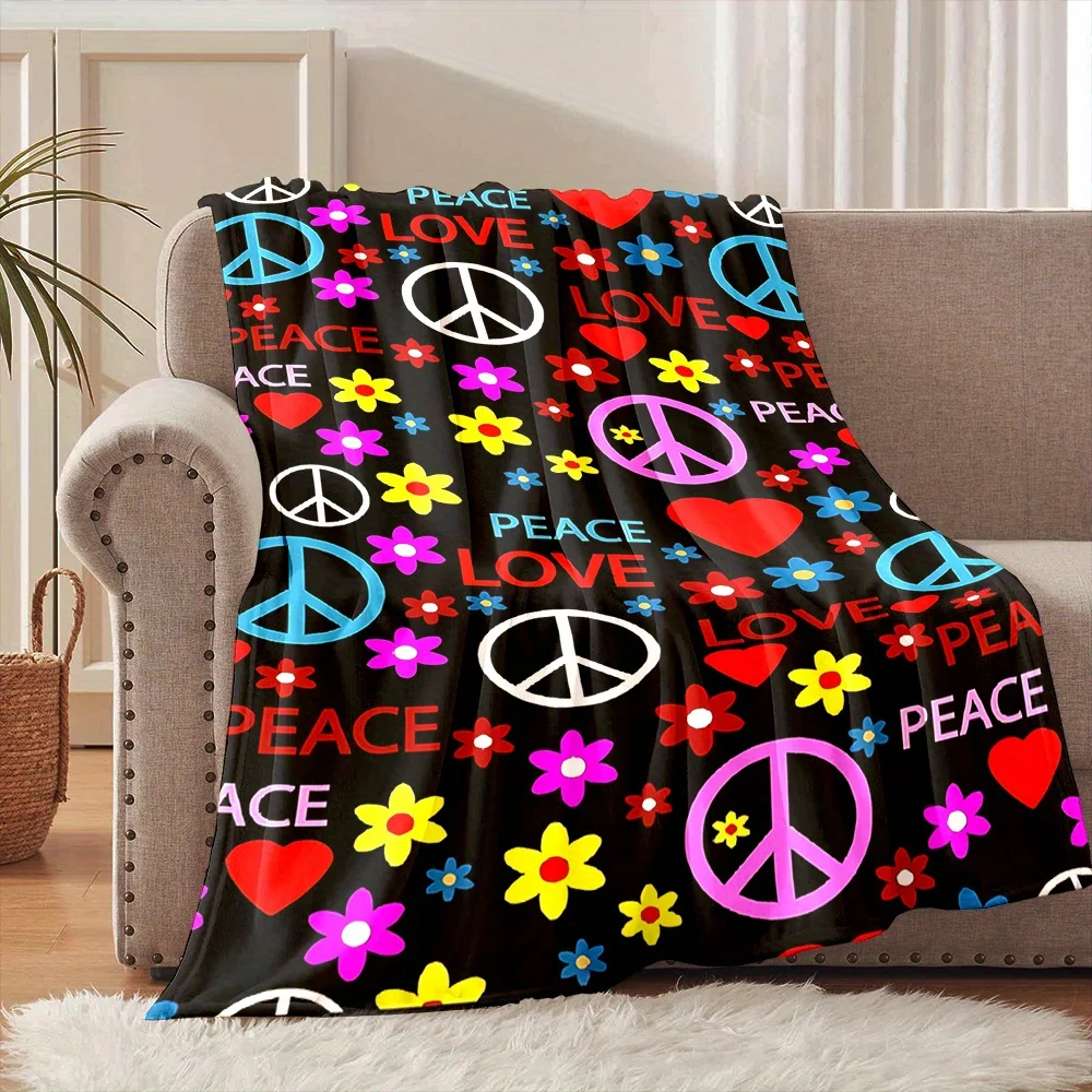 Chunky Floral Peace Sign Blanket Throw for Sofa Couch Decor Boho Bohemian Style Cozy Microfiber Fleece Gift