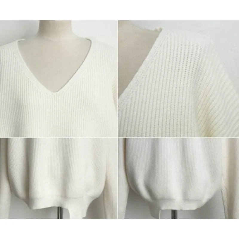 Fashion Autumn Korean Knitted Solid Sweater V-Neck Tops Winter Casual Loose White Pullover Women Clothes Pull Femme Elegant