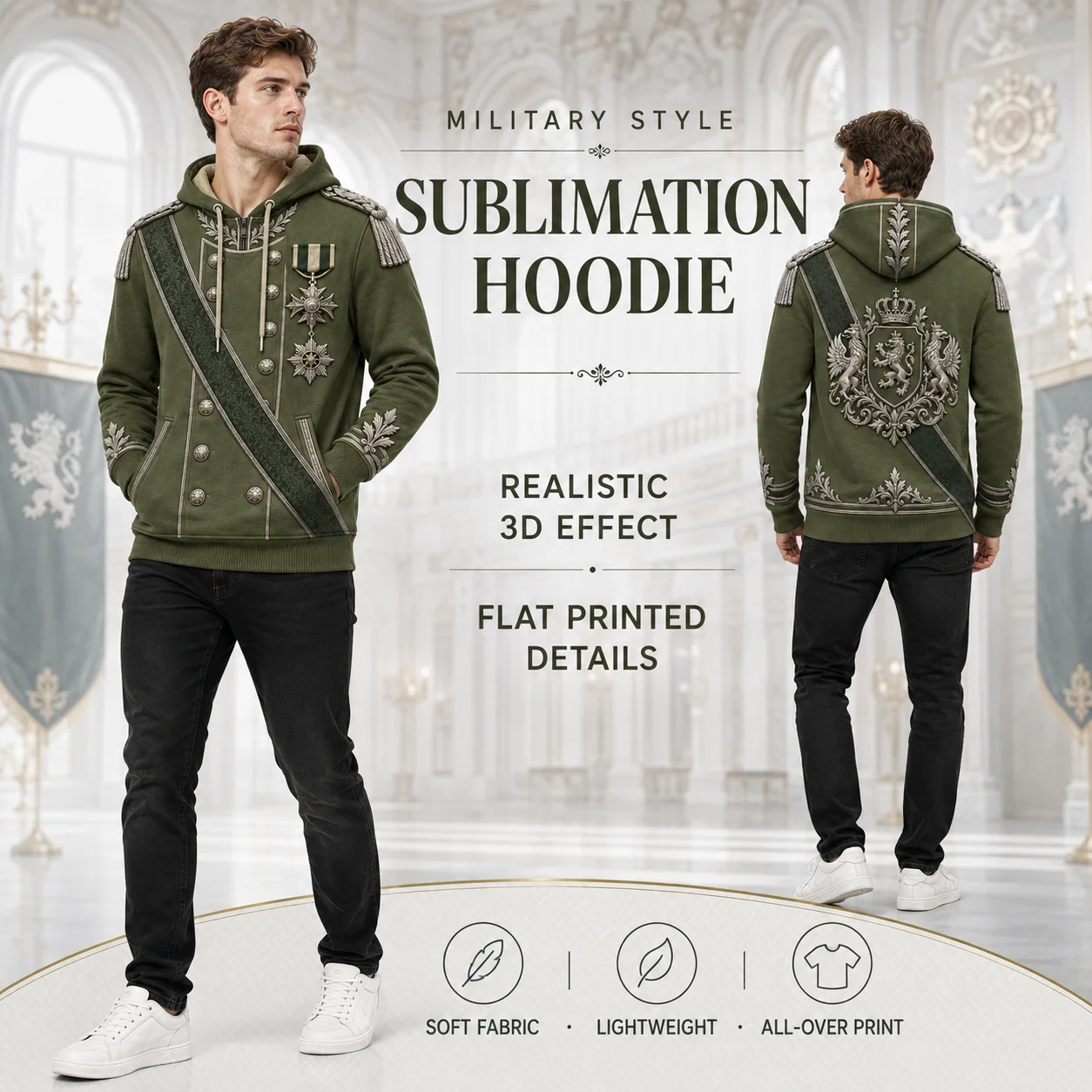 Sudadera con Capucha Estilo Uniforme Militar Vintage para Hombre, Verde Oliva Oscuro con Estampado 3D Plateado, Inspirada en Oficiales, Ropa Urbana Retro