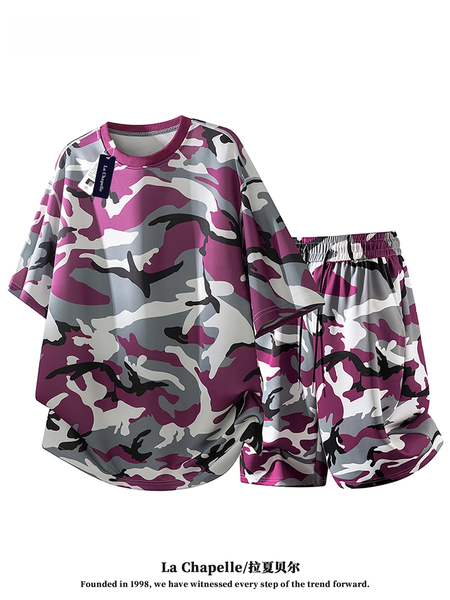 Camiseta Camuflada La Chapelle de Manga Curta, Estilo Universitário, Conjunto Casual Esportivo para Homens, Coleção de Verão em Fibra de Poliéster