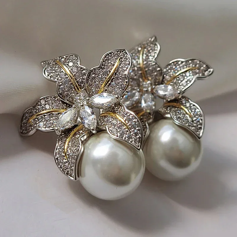 Preciosa flor de imitación de perlas para mujer, pendientes de lujo con incrustaciones de piedra CZ brillante, joyería de boda de moda, lotes al por mayor