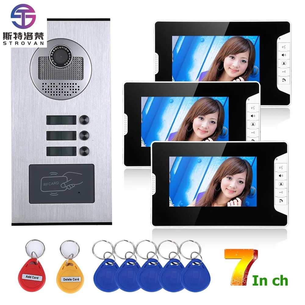 7inch 3 Apartment/Family Video Door Phone Intercom RFID IR-CUT HD 1000TVL Doorbell  with 3 Button 3 s