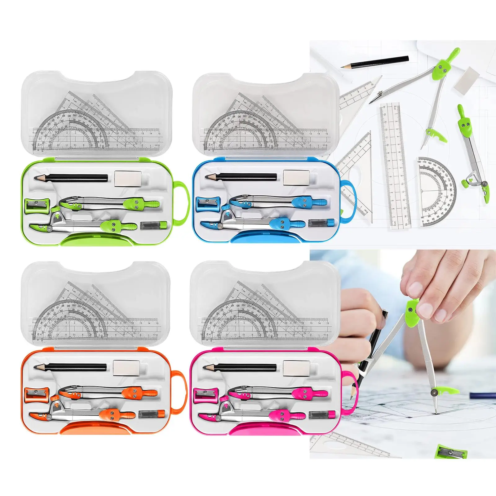 Math Geometry Kit Protractor Set Triangle Ruler Pencil Sharpener with Storage Case Schooling for Office Home School Teachers