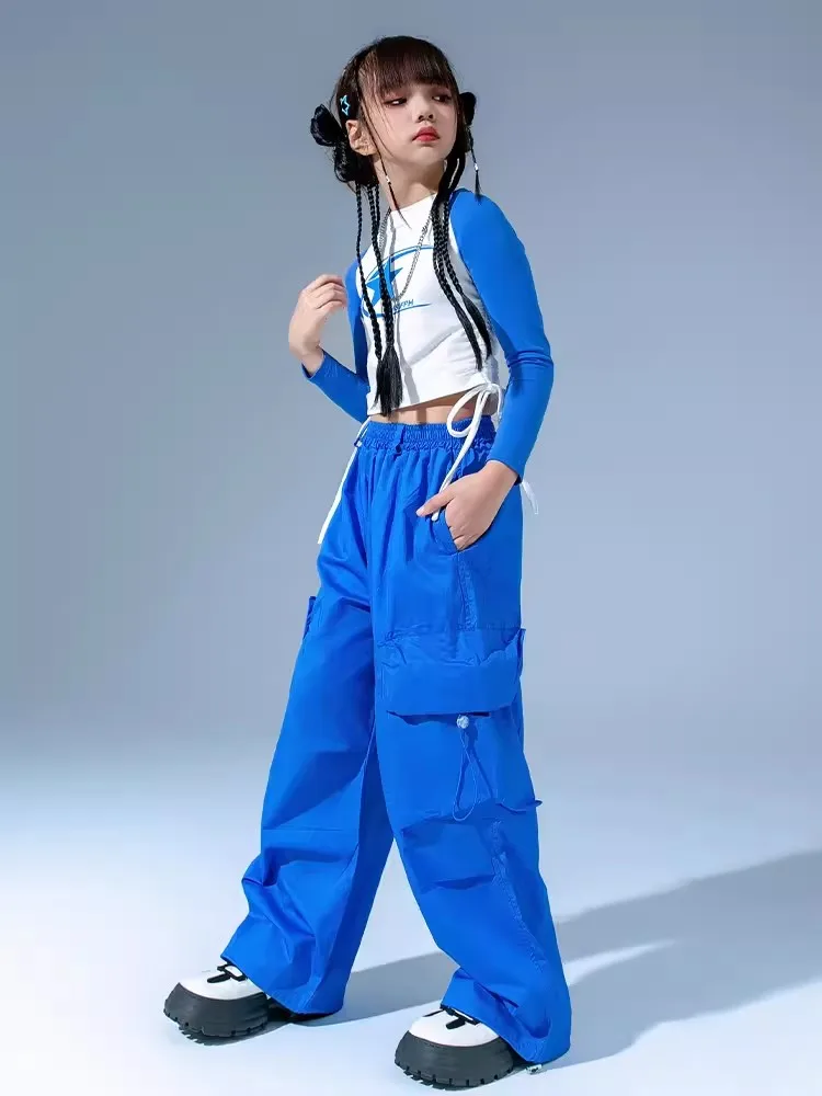 Jazz Dance Clothes Hip Hop Kids Costume Girls Tops Blue Pants Long Sleeves Practice Clothing Modern Dance Performance Wear 11820