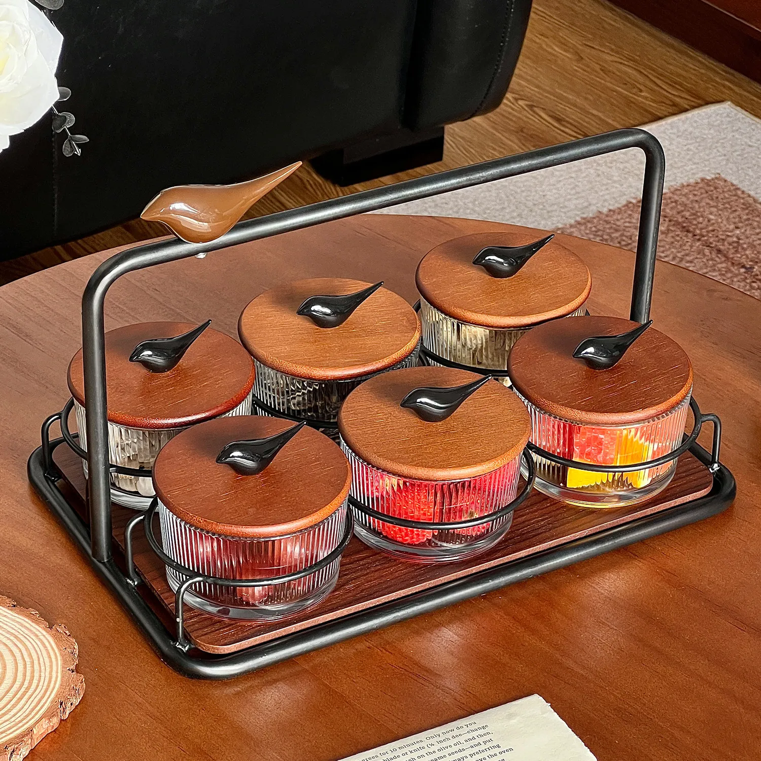 

Round Glass Storage Box Wooden Cover Wrought Iron Shelf Fruit Snacks Candy Frame Box Home Snack Bowl Table Decoration Tableware