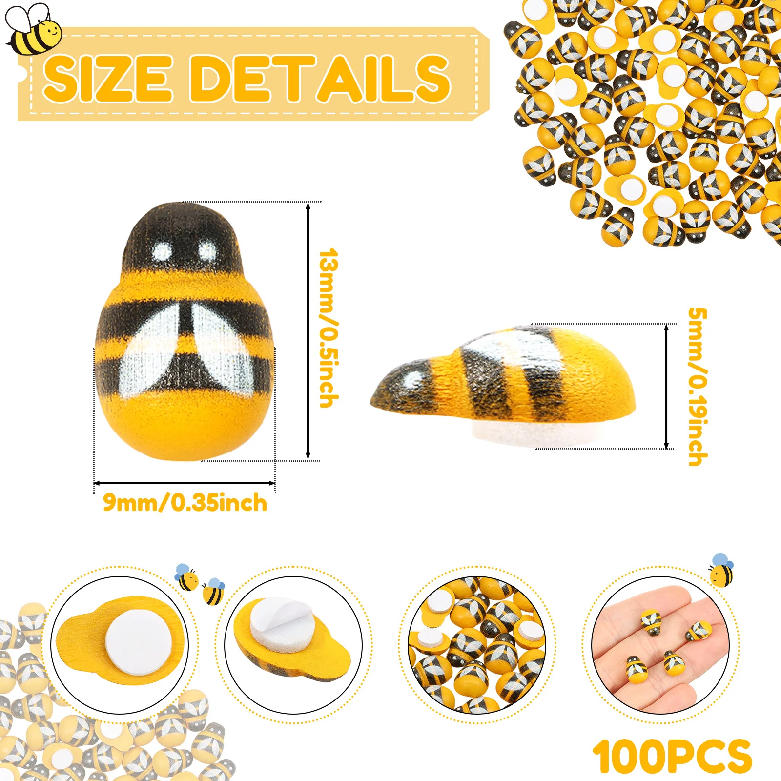 100Pcs Mini Wooden Bee Ladybug Shaped Sticker Self-adhesive Honey Bee Ladybug Tiny Ornament for Craft Micro Landscape Decoration
