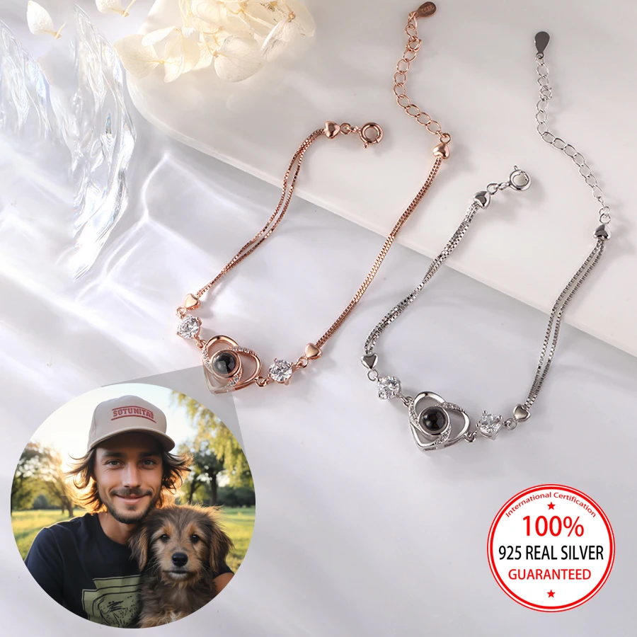 

925 Sterling Silver Custom Color Picture Projection Heart Pendant Bracelet Elegant Birthday Anniversary Gift For Girlfriend New