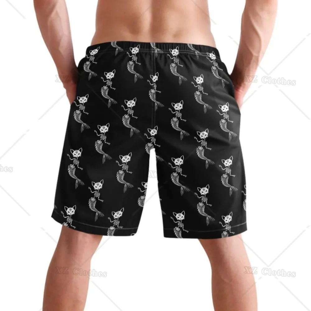 Funny Cat Mermaid Skeleton Print Black Beach Shorts Hot Summer Swim Trunks Sports Running Bathing Suits