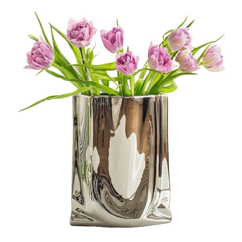Silver Vase, Electroplated Ceramic Vase with Paper Bag Design, Minimalist Home Decor for Living Room