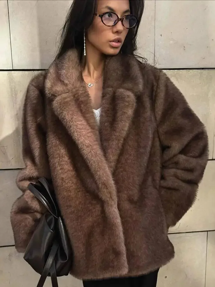 Vintage Women's Mink Fur Imitation Fur Fur Coat 2026 Autumn Winter Warm Thick Suit Collar Long Sleeved Loose Fur Jacket Outwear