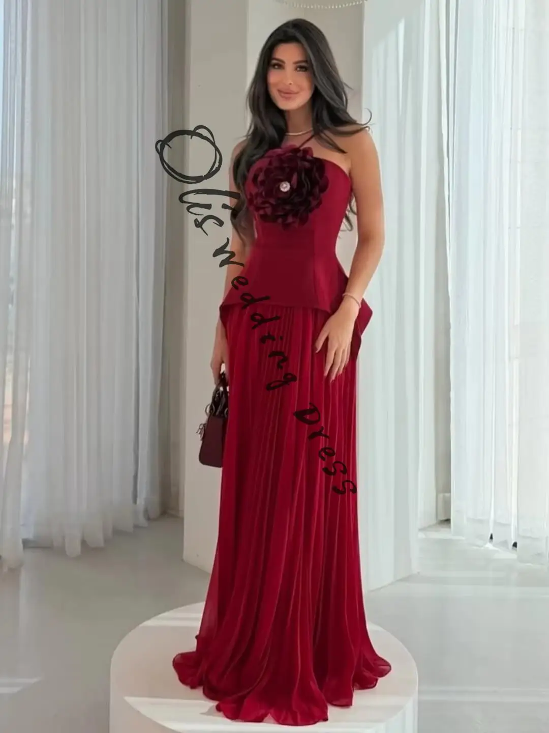 

customized Sleeveless Prom Dresses Strapless Floor Length Pleated Flowers Party Dresses Evening Dresses