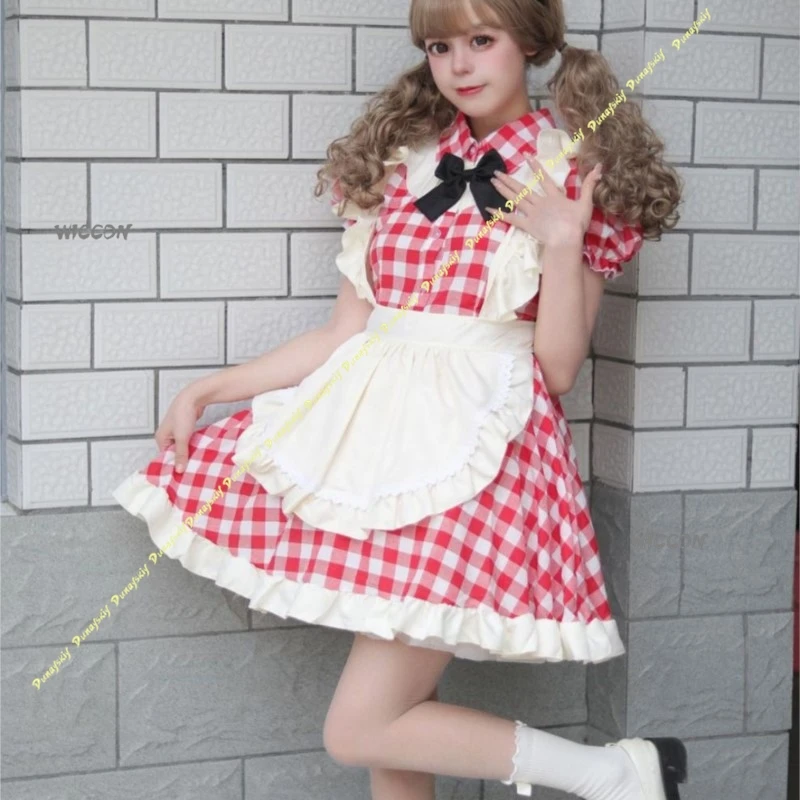 Disfraces de Cosplay para niñas, bonito vestido de sirvienta corto a cuadros, falda, uniforme de Lolita, lazo rojo y negro, accesorios para mujeres, Navidad y Halloween