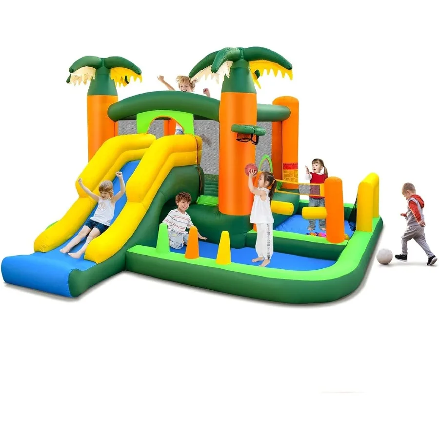

Inflatable Bounce House with Long Slide Ball Pit for 5-12 Indoor Outdoor Party Fun with Football Volleyball Large Jump Castle i