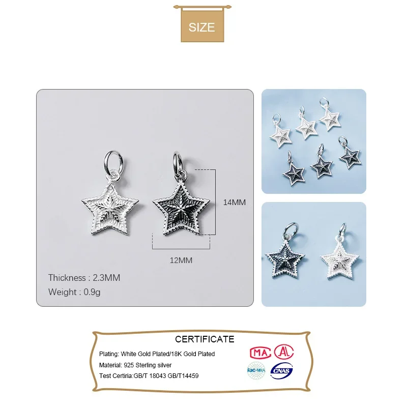 Trustdavis Real 925 Sterling Silver Fashion Sweet Cool Star Charm Pendant Handmade DIY Accessories Jewelry Wholesale DZ272