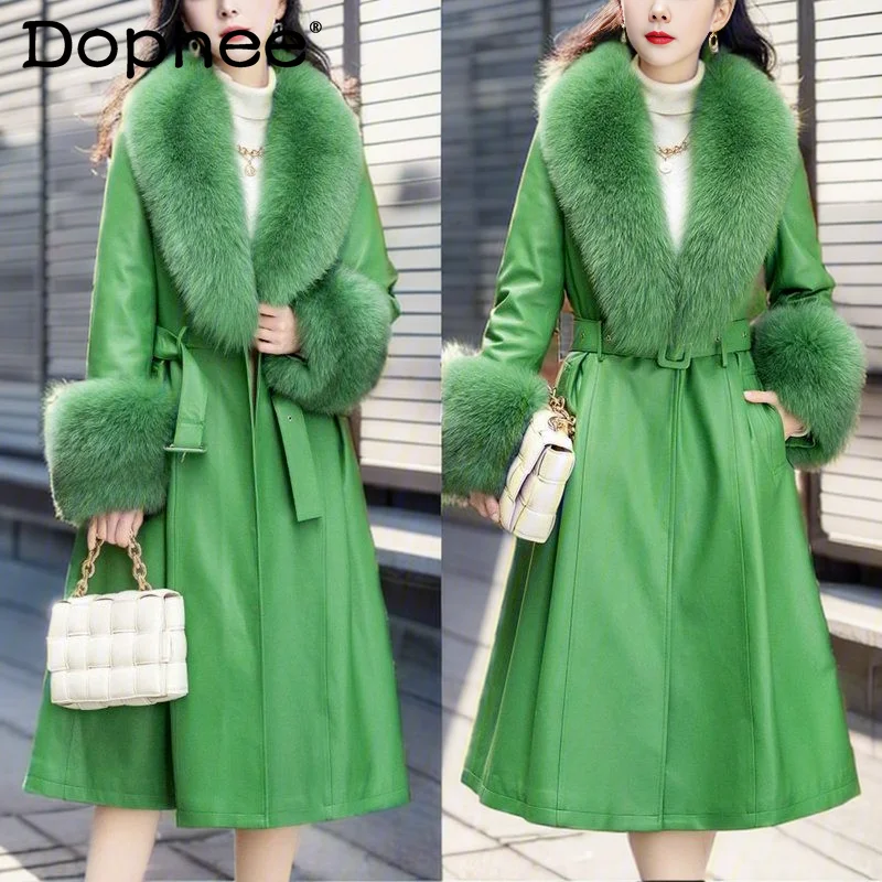 

Commute Style Long Leather Coat Female 2023 Winter Fashion Imitation Fox Fur Collar Thick Coat Faux Fur Coats and Jackets Women