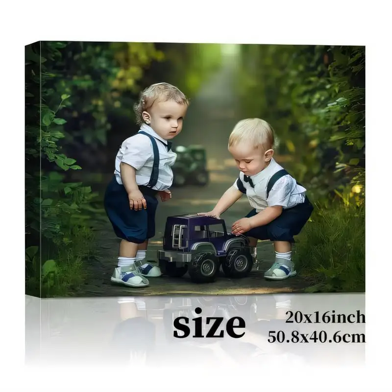 20x16 (50.8x40.6cm) Adorable Toddlers & Toy Truck Metal Tin Painting - Realistic Garden Path Design, Blue-White Outfit Kids Art,