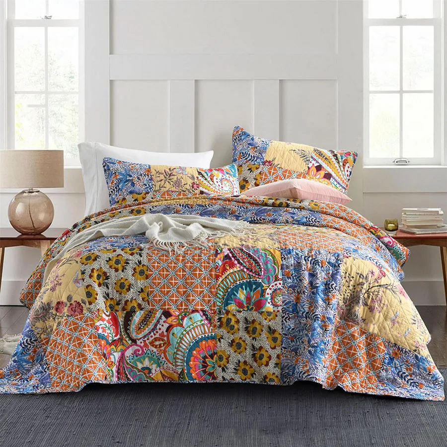 

Bohemia 100% Cotton Quilt Set King Queen Size 3PCS Patchwork Bedspread for Bed Summer Breathable Comforter Blanket Home Decor