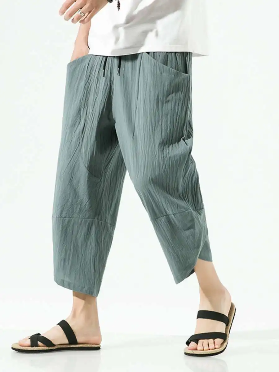 

Модные летние тонкие мужские брюки-харланы из хлопка и льна, свободные, широкие, укороченные (до щиколотки), с высокой талией, прямого кроя, без стрейча, весенние