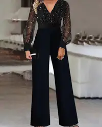 Nữ Của Jumpsuit 2022 Thời Trang Thu Đông Tương Phản Lưới Tay Dài Trơn Cổ Chữ V Đảng Bộ Jumpsuit Dài