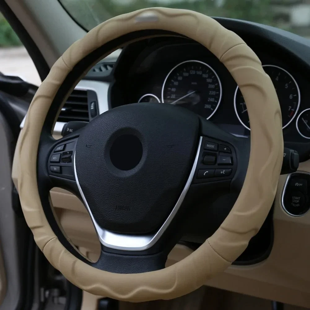 

38cm Universal Black Leather Car Steering Wheel Cover Four Seasons Beige Anti-Slip Auto Steering Cover Car Styling